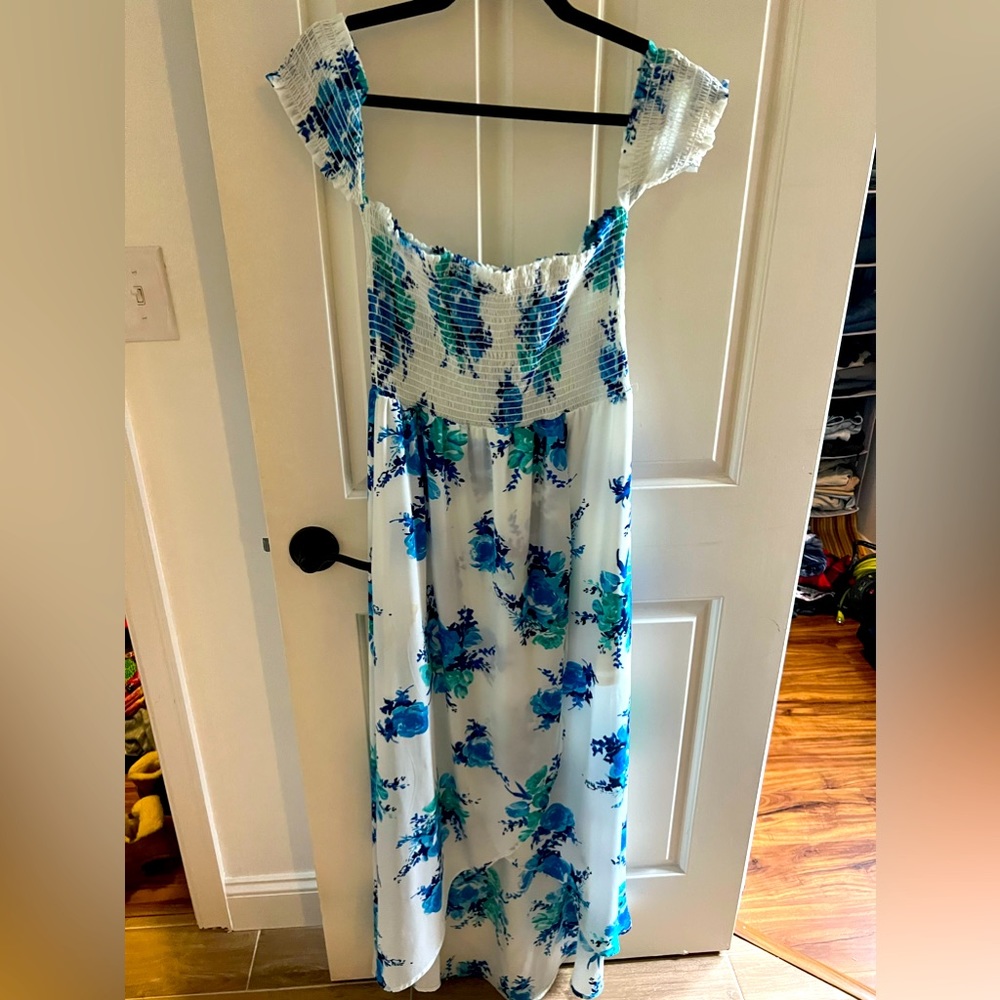 White off the shoulder asymmetrical high low dress